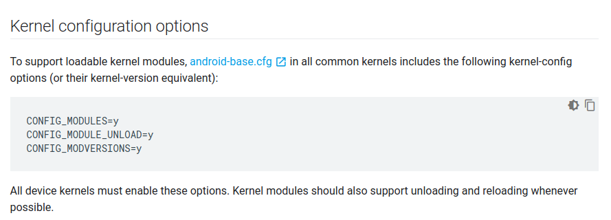 Android kernel config page